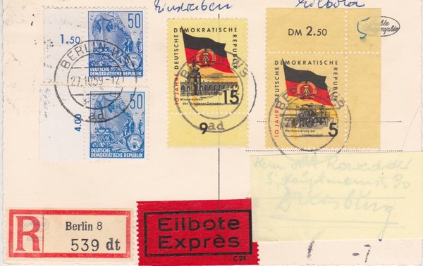 DDR 584A, 584B, 722Y, 724Y, Express-Einschreiben-Postkarte - Berlin W8 (Ost) - Duisburg (West)