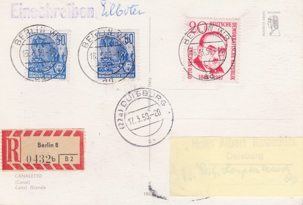 DDR 584A (2x), 671, Express-Einschreiben-Postkarte von Berlin W8 (Ost) nach Duisburg (West)