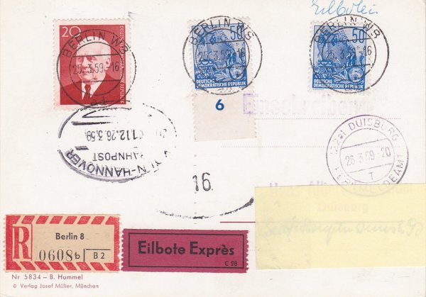 DDR 584A (2x), 673, Express-Einschreiben-Postkarte von Berlin W8 (Ost) nach Duisburg (West)