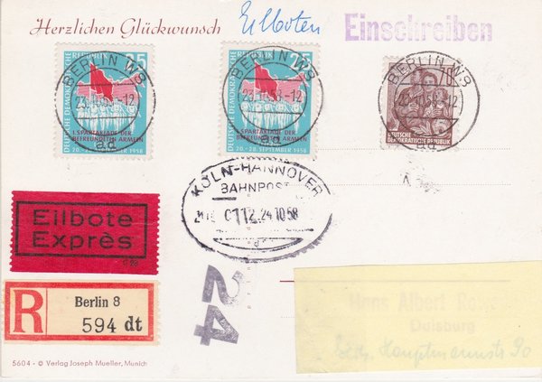 DDR 585A, 659 (2x), Express-Einschreiben-Postkarte von Berlin W8 (Ost) nach Duisburg (West)