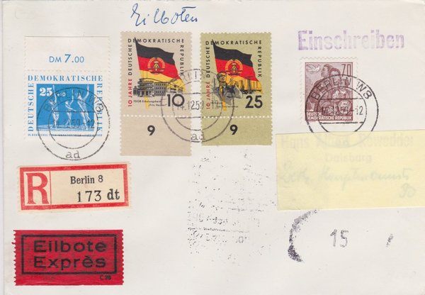 DDR 585A, 710, 723Y, 726Y, Express-Einschreiben-Brief von Berlin W8 (Ost) nach Duisburg (West)