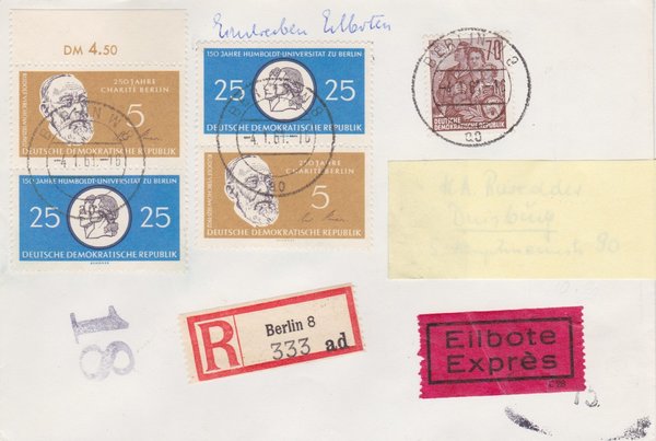 DDR 585B, SZD12, SZD14, Express-Einschreiben-Brief von Berlin W8 (Ost) nach Duisburg (West)
