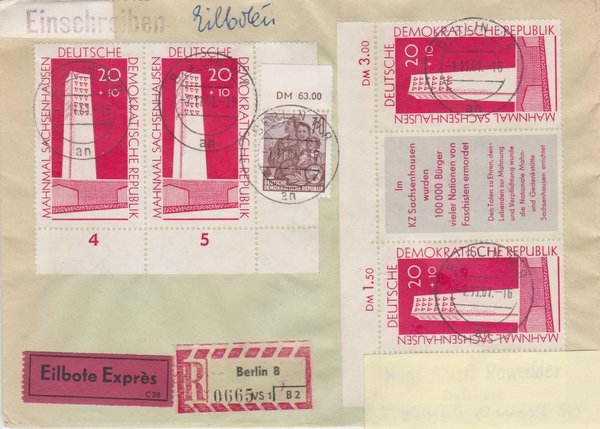 DDR 585B, 783a (2x), WZD26, Express-Einschreiben-Brief von Berlin W8 (Ost) - Duisburg (West)