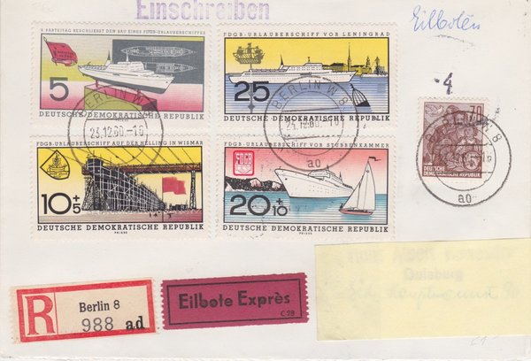 DDR 585B, 768-771 Satz, Express-Einschreiben-Brief von Berlin W8 (Ost) nach Duisburg (West)