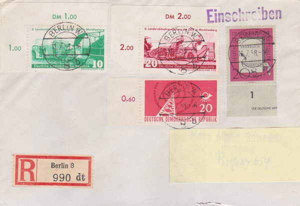 DDR 599 DV, 621, 629, 630, Einschreiben-Brief von Berlin W8 (Ost) nach Duisburg (West)
