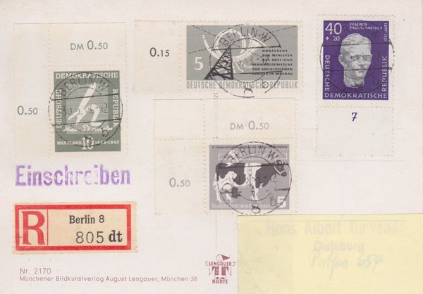 DDR 608A, 620, 626, 628, Einschreiben-Postkarte von Berlin W8 (Ost) nach Duisburg (West)