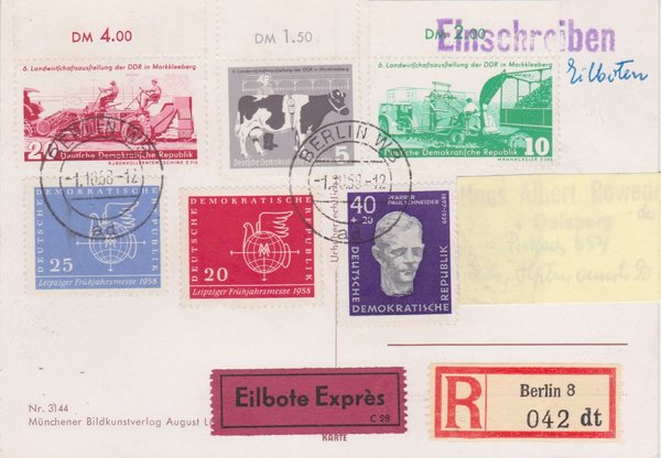 DDR 608A, 618, 619, 628-630, Express-Einschreiben-Postkarte - Berlin W8 (Ost) - Duisburg (West)