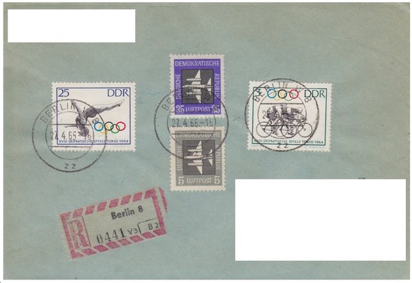 DDR 609Y, 611, 1033, 1036 Einschreiben-Brief von Berlin W8 (Ost) nach Duisburg (West)
