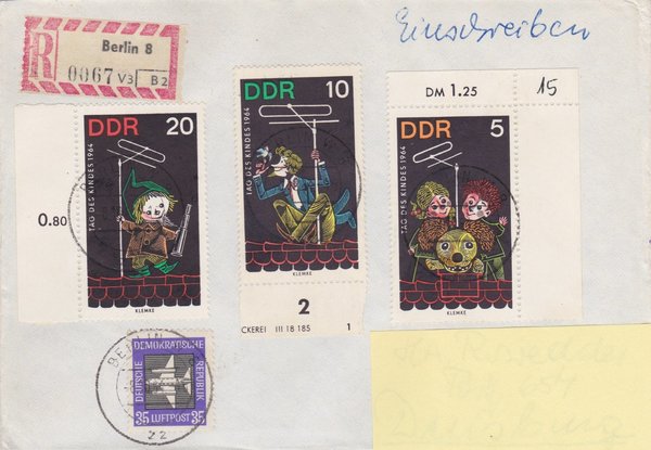 DDR 611Y, 1025 DV, 1026, 1028, Einschreiben-Brief von Berlin W8 (Ost) nach Duisburg (West)