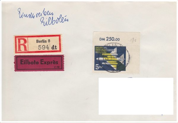 DDR 615Y, Express-Einschreiben-Brief mit Tagesstempel von Berlin W8 (Ost) - Duisburg (West)