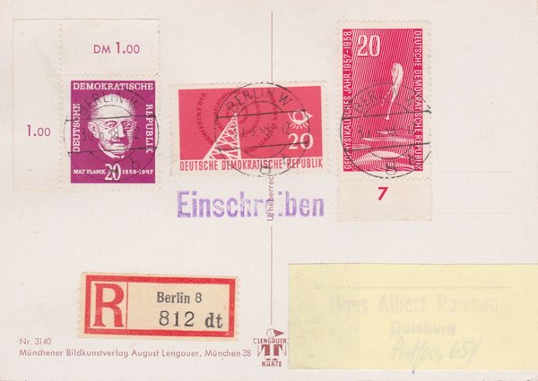 DDR 616, 621, 627, Einschreiben-Postkarte von Berlin W8 (Ost) nach Duisburg (West)