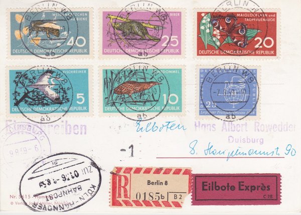 DDR 619, 688-692 Satz, Express-Einschreiben-Postkarte - Berlin W8 (Ost) - Duisburg (West)