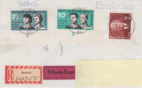 DDR 623, 669, 670, Express-Einschreiben-Brief von Berlin W8 (Ost) nach Duisburg (West)