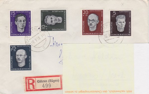 DDR 635-639 Satz, Einschreibebrief mit Tagesstempel vom 16-9-1958