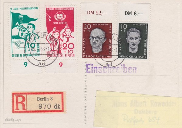DDR 636, 638, 645-646 Satz, Einschreiben-Postkarte von Berlin W8 (Ost) nach Duisburg (West)