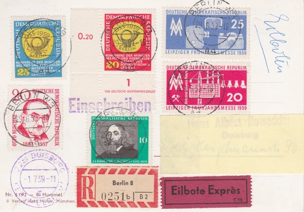 DDR 643, 671, 678-679 Satz, 686-687 Satz, Express-Einschreiben-Postkarte - (Ost) nach (West)