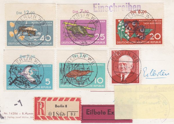 DDR 673, 688-692 Satz, Express-Einschreiben-Postkarte von Berlin W8 (Ost) - Duisburg (West)