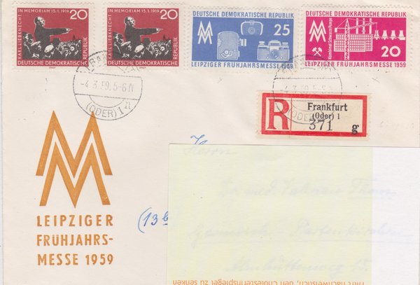 DDR 675 (2x), 678-679 Satz, Einschreiben-Brief - Frankfurt (Ost) - Garmisch-Partenkirchen (West)