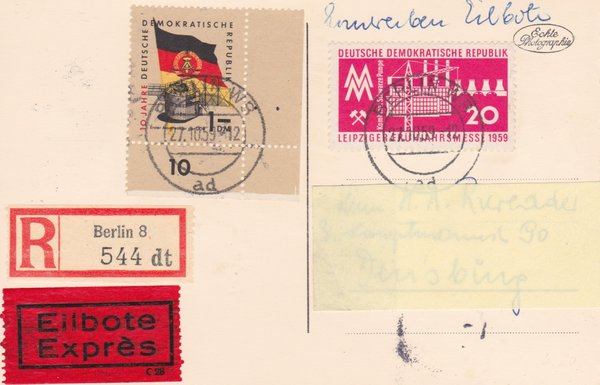 DDR 678, 713Y, Express-Einschreiben-Postkarte von Berlin W8 (Ost) nach Duisburg (West)