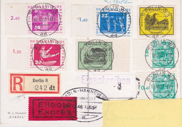 DDR 698, 699, 704 (2x), 709-711, Express-Einschreiben-Postkarte - Berlin (Ost) - Duisburg (West)