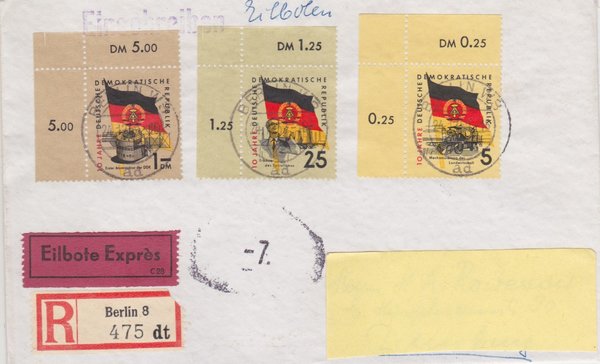 DDR 722Y, 726Y, 731Y, Express-Einschreiben-Brief von Berlin W8 (Ost) nach Duisburg (West)