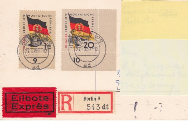 DDR 725Y, 731Y, Express-Einschreiben-Postkarte von - Berlin W8 (Ost) nach Duisburg (West)