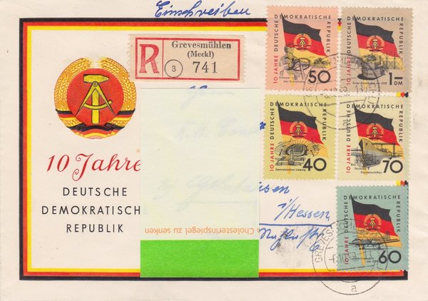 DDR 727Y-731Y, Einschreiben-Brief von Grevesmühlen (Meckl.) (Ost) nach Gelnhausen (West)