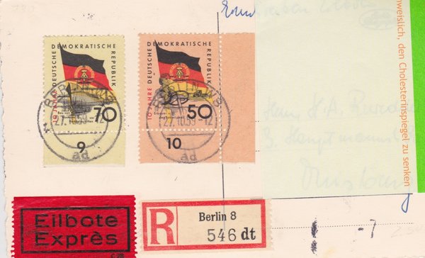 DDR 728Y, 730Y, Express-Einschreiben-Postkarte von Berlin W8 (Ost) nach Duisburg (West)