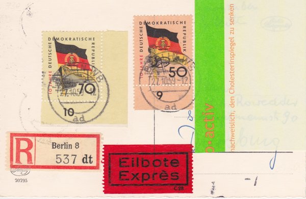 DDR 728Y, 730Y, Express-Einschreiben-Postkarte von Berlin W8 (Ost) nach Duisburg (West)