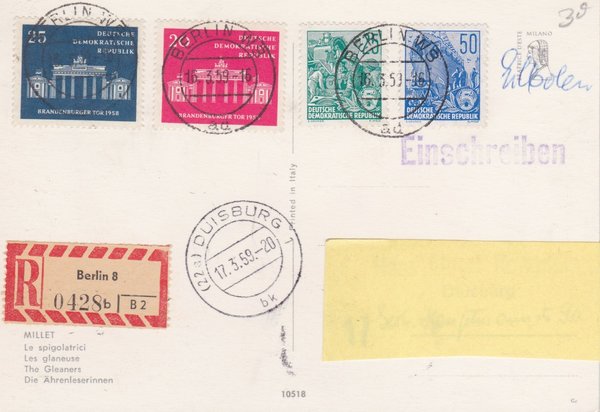 DDR 581A, 584A, 665-666 Satz, Express-Einschr.-Postkarte - Berlin W8 (Ost) - Duisburg (West)