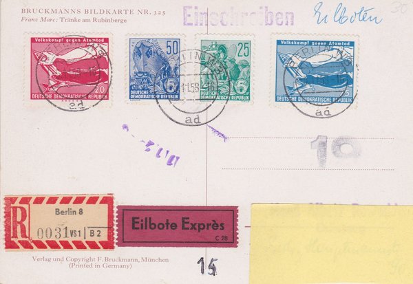 DDR 581A, 584A, 655-656 Satz, Express-Einschreiben-Postkarte - Berlin W8 (Ost) - Duisburg (West)