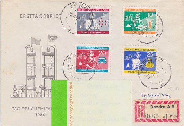 DDR 800-803 Satz, 807 rs, Einschreiben-Brief von Dresden (DDR) nach Graz (Österreich)