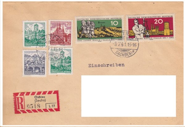 DDR 833-834 Satz, 835, 836 (2x), 837, Einschreiben-Brief - Ostrau (Sachs.) - Ladenburg (West)