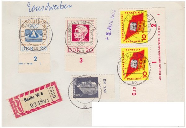 DDR 845, 939, 940, 941 (2x) DV, Einschreiben-Brief von Berlin W8 (Ost) nach Duisburg (West)