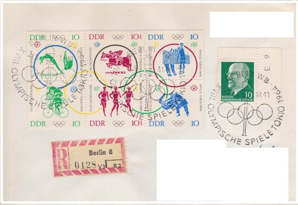 DDR 846, 1039-1044 im 6er-Block, Einschreibebrief, Sonderstempel Olympische Spiele Tokio 1964