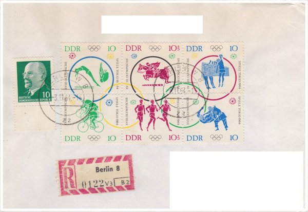 DDR 846, 1039-1044 im 6er-Block, Einschreibebrief mit Tagesstempel vom 7-8-1964, portogerecht