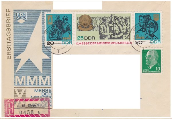 DDR 846, 1320-1322 ZD=WZD180, Einschreibebrief von Riesa nach Reichelsheim vom 28-02-1968