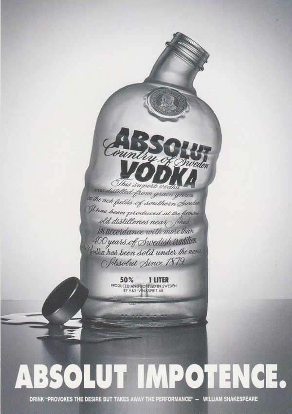 ABSOLUT IMPOTENCE (Unfähigkeit) - Absolut Vodka Sweden - Adbusters Card aus Canada