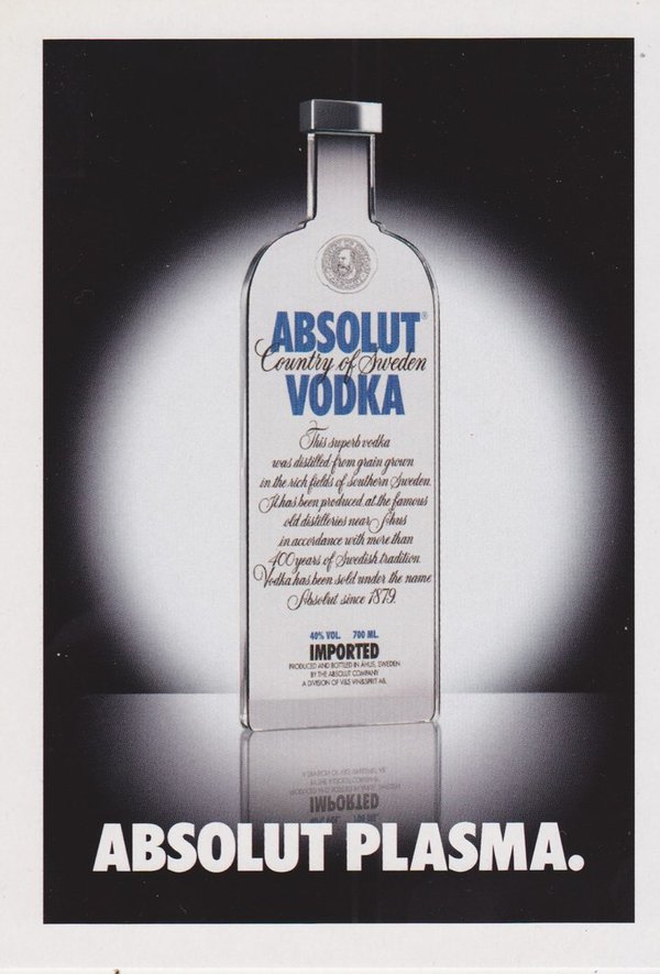 ABSOLUT PLASMA (Gebilde) - Absolut Vodka Sweden - Promo-Card aus Italien