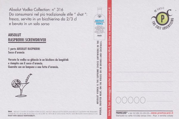 ABSOLUT RELEASE III (Veröffentlichung) - Absolut Vodka Sweden - Promo-Card aus Italien