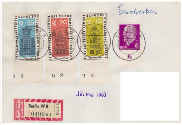 DDR 847, 947- 949 Satz, Einschreiben-Brief Berlin W8 (Ost) nach Duisburg (West)