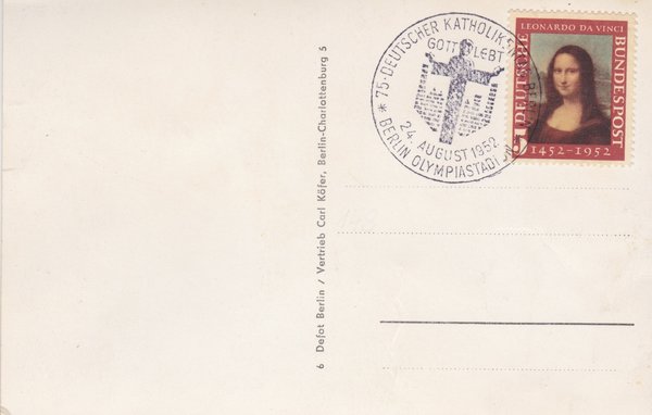 BUND 148 I - Katholikentag-Postkarten-Beleg <Mona Lisa> mit Sonderstempel vom 24-08-1952