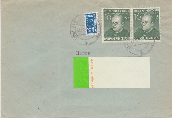 BUND 157 (2x) Standardbrief <Helfer der Menschheit> + 2 Pfg. Notopfermarke  vom 31-12-1952