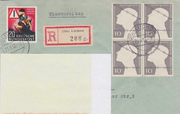 BUND 162, 165 (4x) - Einschreibebrief <Verkehrsunfall-Verhütung ua> Tagesstempel vom 21-09-1953