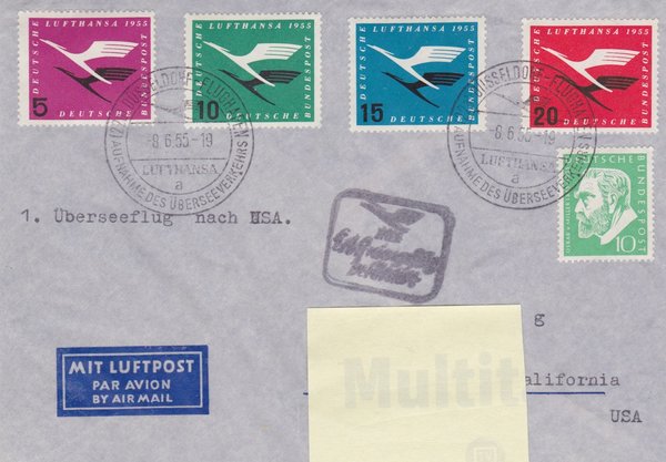 BUND 205-208 + 209 - Erstflug-Luftpost-Brief <Deutsche Lufthansa> mit Sonderstempel 08-06-1955