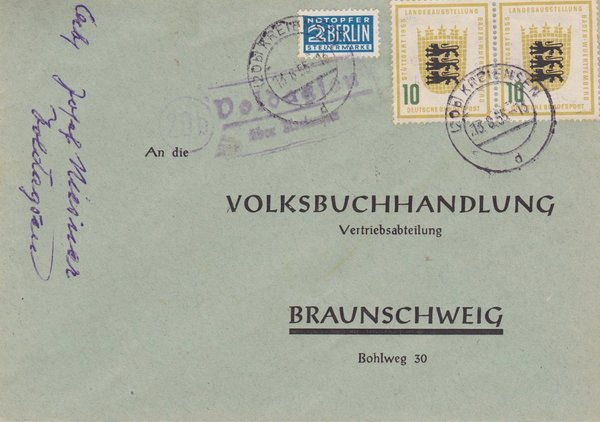 BUND 213 (2X) Standardbrief <Landesausstellung>  und 2 Pfg. Notopfermarke, Tagesstempel 13-ß0-1955