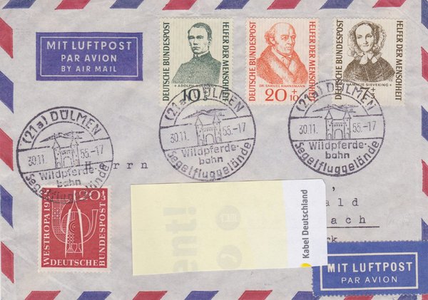 BUND 218, 222-224  Auslands-Luftpost-Standardbrief <Helfer der Menschheit> Stempel vom 30-11-1955