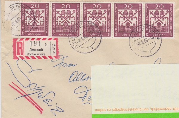 BUND 336 (5x) Einschreibebrief <Bischöfe> mit Tagesstempel vom 08-09-1960