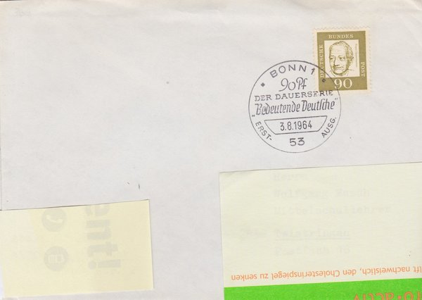 BUND 360 Ersttagsbrief <Bedeutende Deutsche> mit Ersttags-Sonderstempel Bonn vom 03-08-1964
