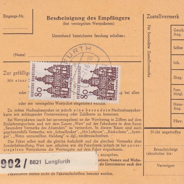 BUND 362 (2x), 461 (2x) Paketkarte <Bedeutende Deutsche ua> von Langfurth nach Frankfurt 2-7-1966